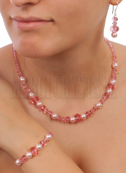 Комплект колие, гривна и обеци с мъниста Swarovski и перли Swarovski,  Light Rose/Rosaline