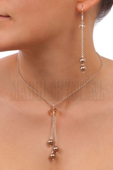 Комплект колие и обеци с кристали Swarovski и перли Swarovski, Golden Shadow/Bronze, сребро 925