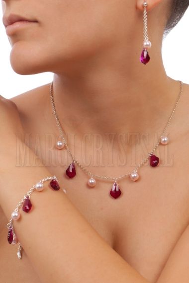 Комплект колие, гривна и обеци с кристали и перли Swarovski,  Ruby/Rosaline, сребро 925