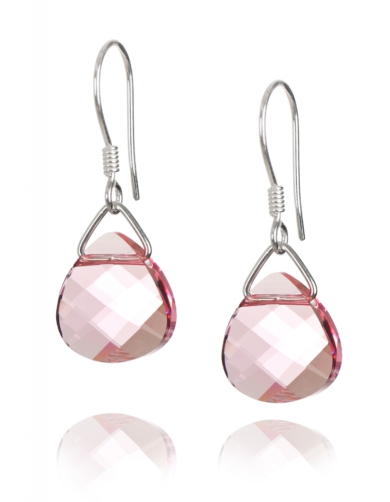 Обеци с кристали Swarovski, Flat Briolette, Light Rose, сребро 925