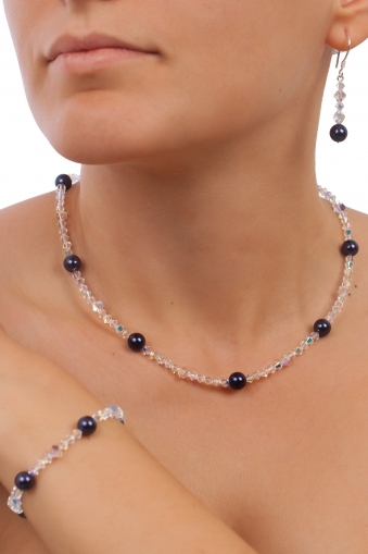 Комплект колие, гривна и обеци с мъниста Swarovski и перли Swarovski,  Aurore Boreale/Dark Purple, сребро 925