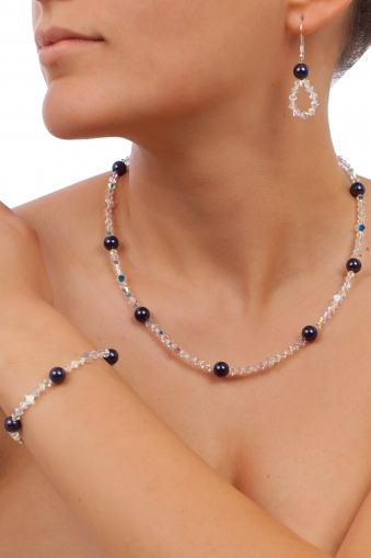 Комплект колие, гривна и обеци с мъниста и перли Swarovski ,  Aurore Boreale/Dark Purple, сребро 925