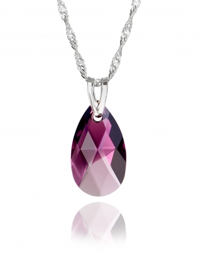 Колие с кристали Swarovski Капка (Pear-shaped) 22 мм, Amethyst Blend, сребро 925