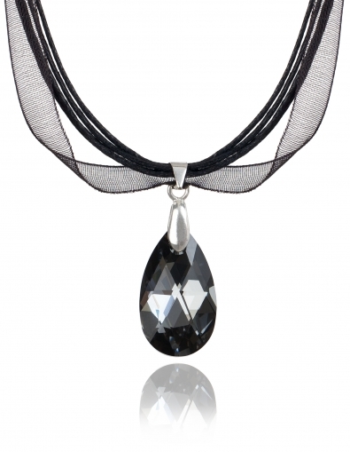 Колие с кристали Swarovski Капка (Pear-shaped) 22 мм, Silver Night, органза