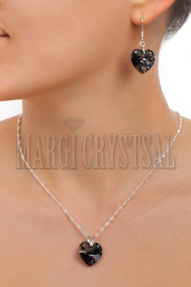 Комплект с кристали Swarovski Сърце 18 мм Silver Night, сребро 925