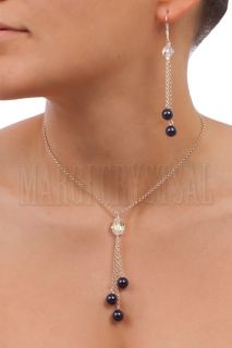 Комплект колие и обеци с кристали Swarovski и перли Sarovski, Aurore Boreale/Dark Purple, сребро 925